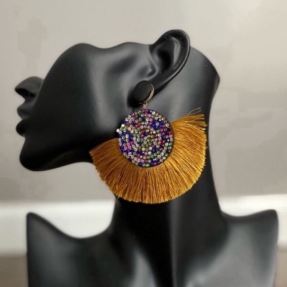 Large Mustard Yellowstone Gemstone Tassel Fringe Earrings - Picture 1 of 3